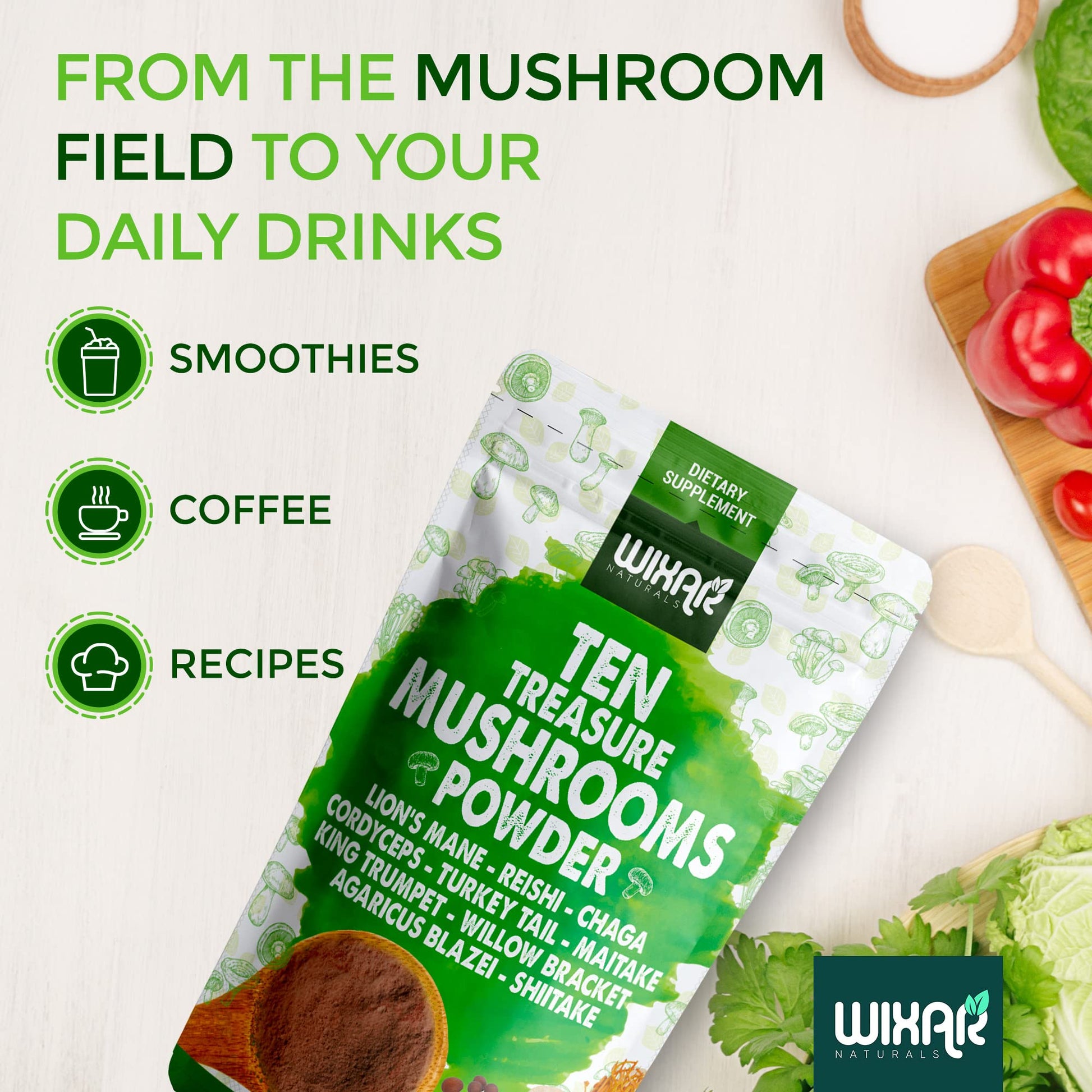 Wixar Mushroom Powder - Ten Treasure Mushrooms Extract Supplement Blend for Coffee WIXAR NATURALSUS supplements