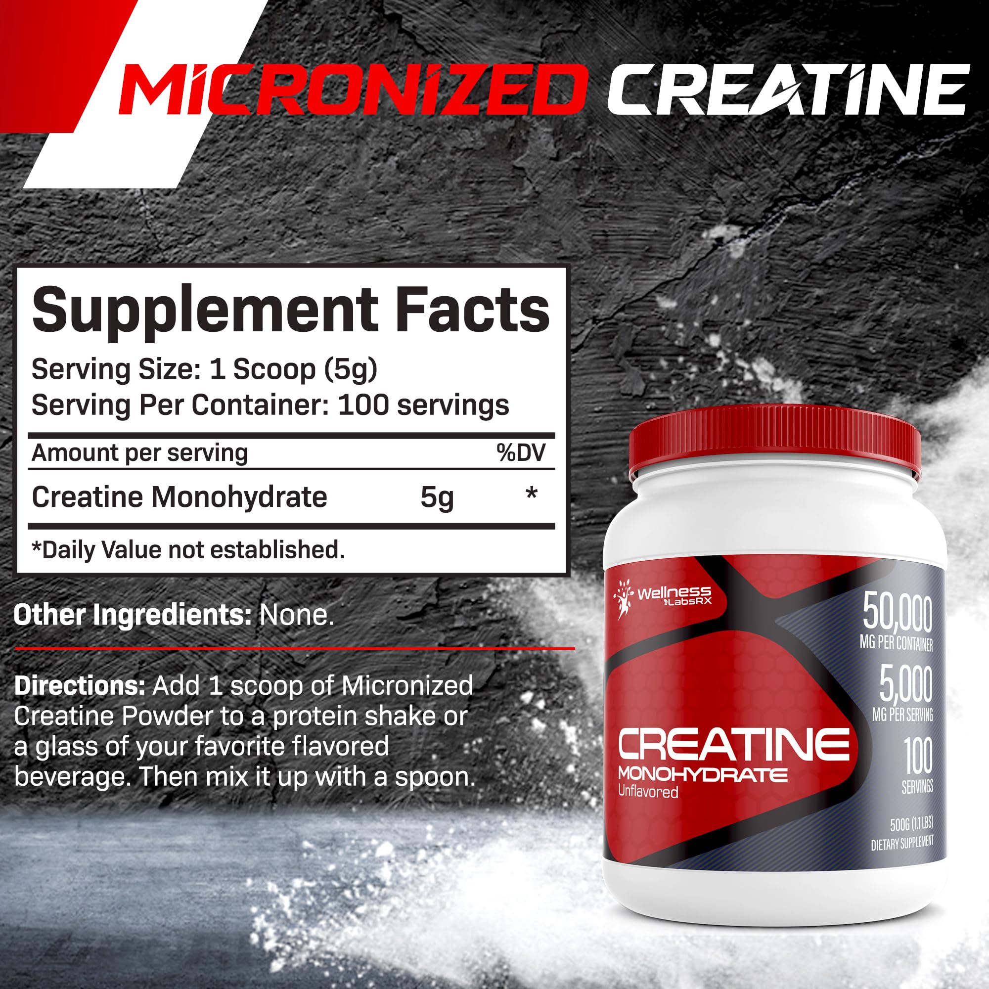 Creatine Monohydrate Powder - 5000mg Micronized for Muscle Growth, Enhanced WELLNESS LABSRXUS supplements