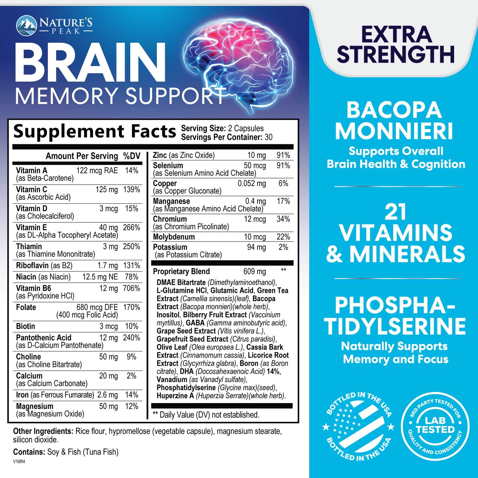 Brain Memory Supplement - 3X Strength Nootropics for Concentration, Clarity & Focus Support - Brain Health Cognitive Vitamins with Bacopa, Phosphatidylserine & DMAE, Brain Booster Pills, 60 Capsules Nature's PeakAu supplements