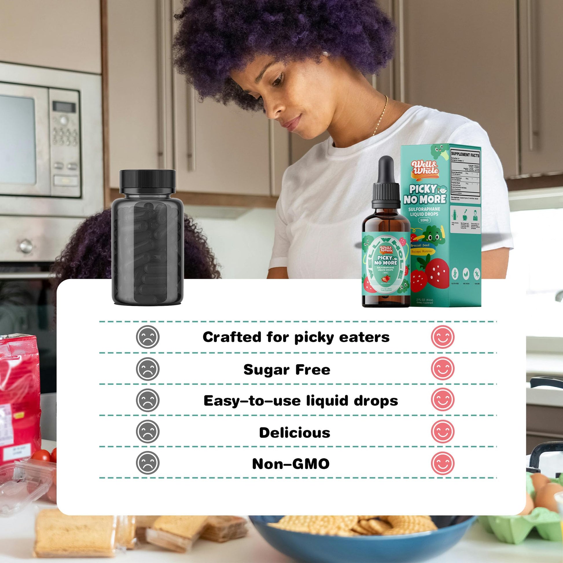 Well&Whole Sulforaphane Kids Liquid Supplement – Pick No More Broccoli Sprout Extract Drops, Hidden Greens for Picky Eaters, Daily Nutrition Support, Sugar-Free, Vegan, 60mL Well&WholeAu supplements
