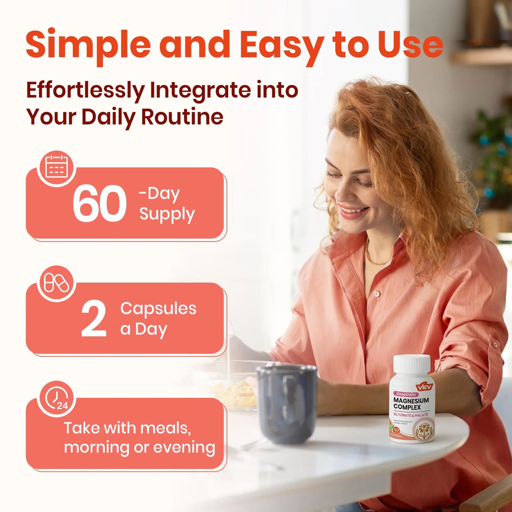 VEV Deep Calm Magnesium Complex for Women – Glycinate, Malate, B6, L-Theanine & Holy Basil – Support for Daily Magnesium & Stress Relief – 120 Vegan Capsules VEVnz supplements