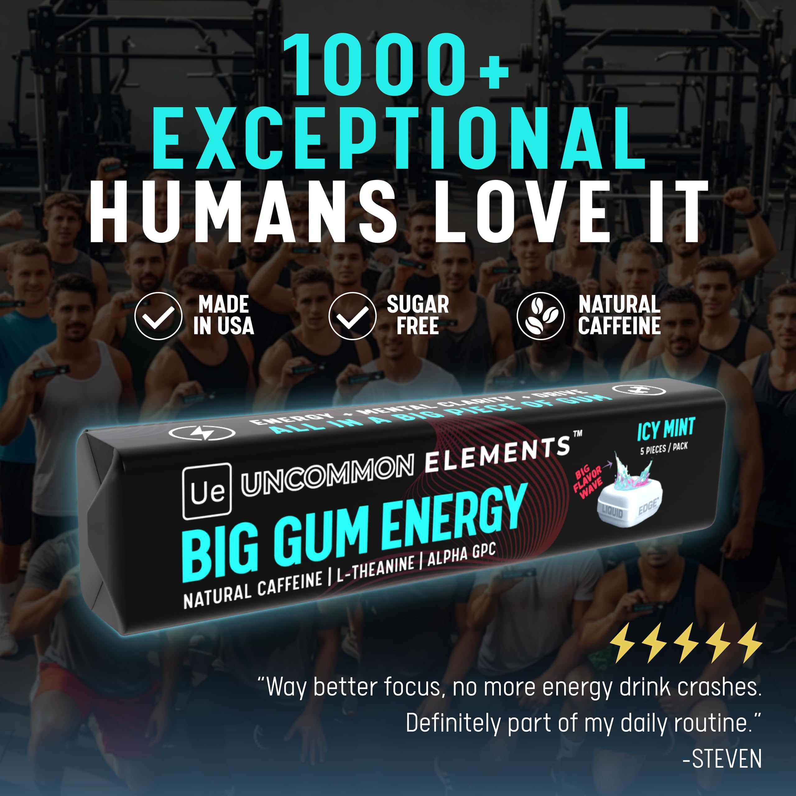 BIG GUM ENERGY & FOCUS – 80mg Caffeine + 40mg L-Theanine + 80mg Alpha GPC – Nootropic Chewing Gum for Focus, Energy & Execution – Icy Mint – 25 Pieces (5 Packs) Gym & Work Execution. UNCOMMON ELEMENTSAu supplements