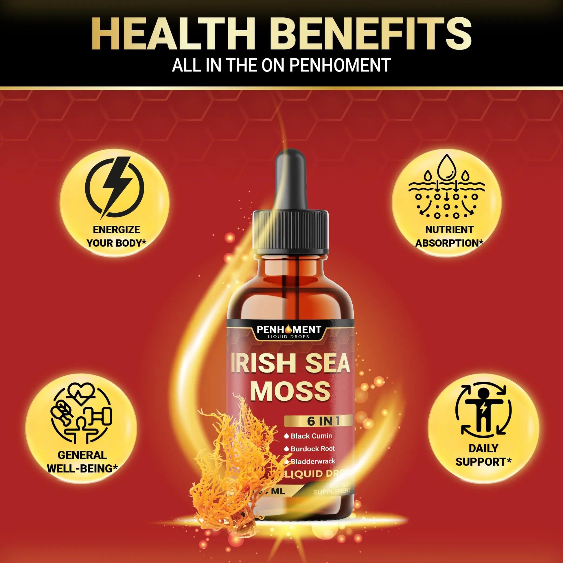 Penhoment 6in1 Sea Moss Drops with Black Seed Oil Irish Seamoss, Ashwagandha, Burdock Root & Bladderwrack - 1FL Oz - 30 Day Supply Penhomentnz supplements