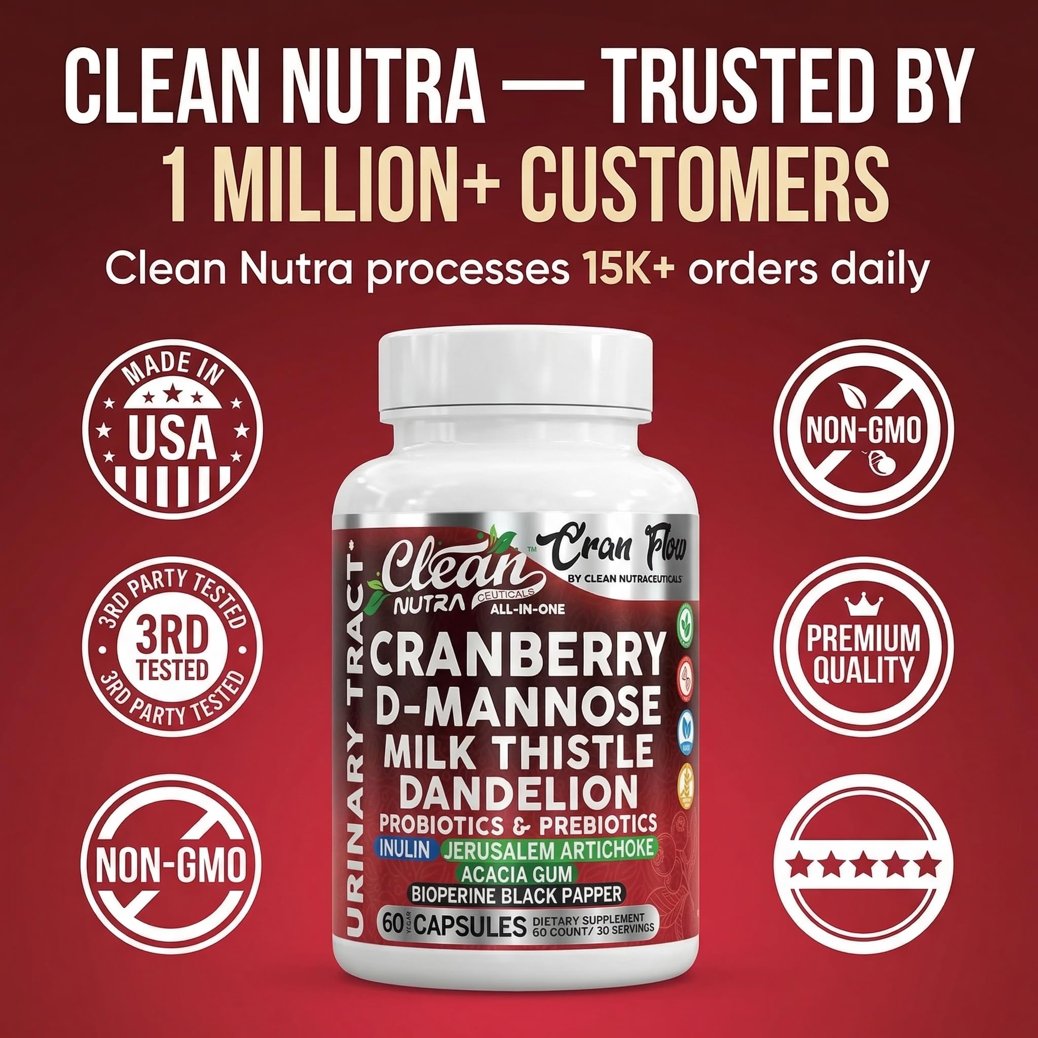 Cran Flow Cranberry Pills for Urinary Health D-Mannose Milk Thistle Dandelion Inulin Vitamin C Prebiotics and Probiotics Bladder Support By Clean Nutra Clean NutraceuticalsAu supplements