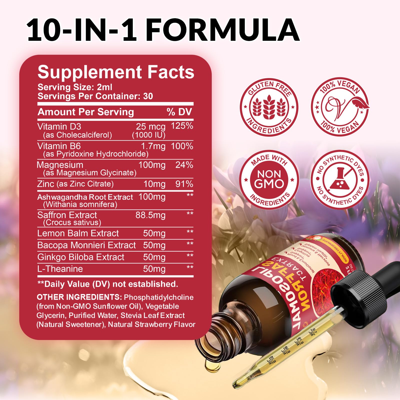 Saffron Supplements - 88.5mg Saffron Extract Liposomal Liquid Drops with Magnesium, Zinc, Ashwagandha, L-Theanine, Vitamin B6, D3 for Antioxidant Mood Energy Vision & Focus, Strawberry Flavor 2 Fl Oz ReviNutraAu supplements