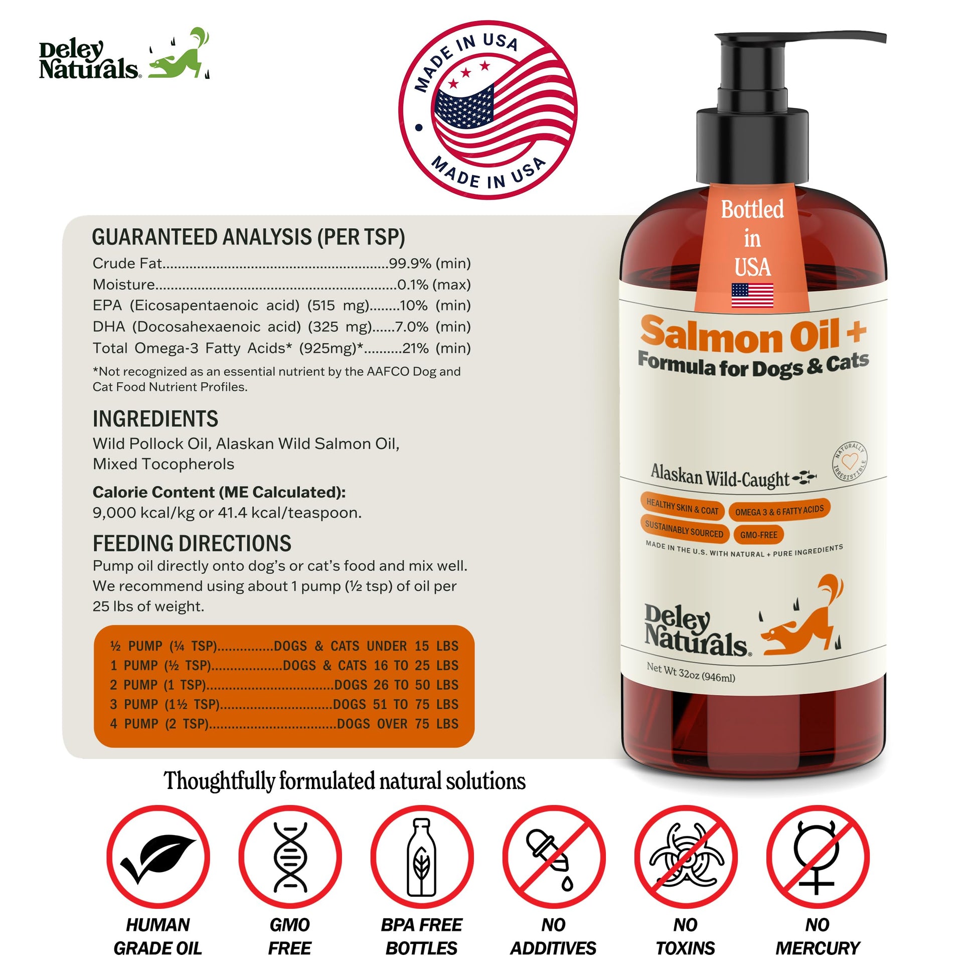 Deley Naturals Wild Alaskan Salmon Oil for Dogs & Cats - New and Improved Salmon Oil Plus Formula - Fish Oil for Dogs with Omega 3, DHA and EPA - Omega 3 for Healthy Skin and Coat - 32oz Made in USA Deley NaturalsAu supplements