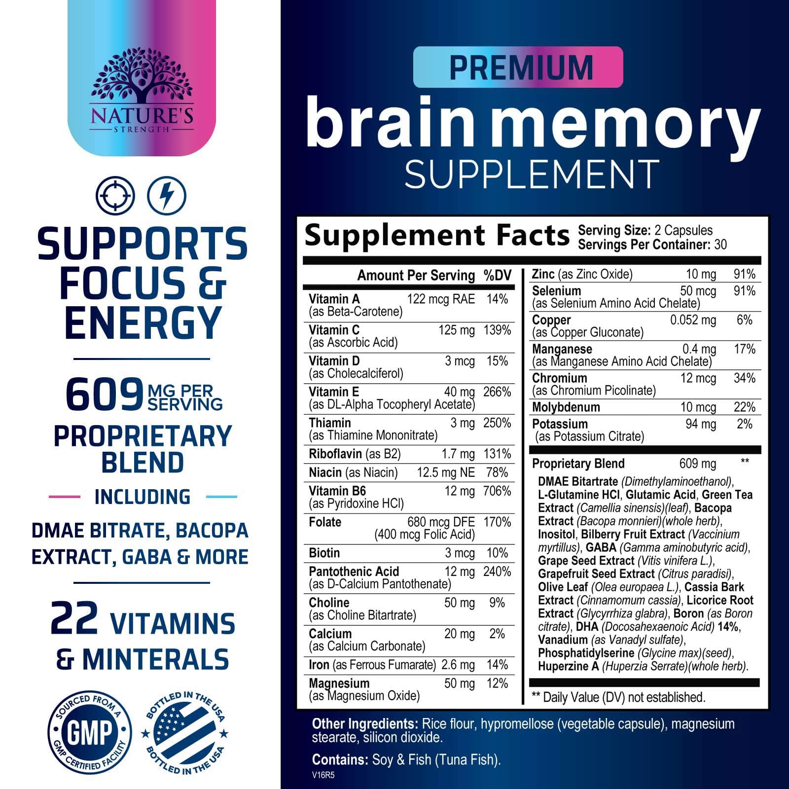 Brain Memory Supplement Pills - 3X Strength Nootropics for Concentration, Clarity & Focus Support - Brain Health Cognitive Vitamins with Bacopa, Phosphatidylserine & DMAE, Brain Booster - 60 Capsules Nature's StrengthAu supplements