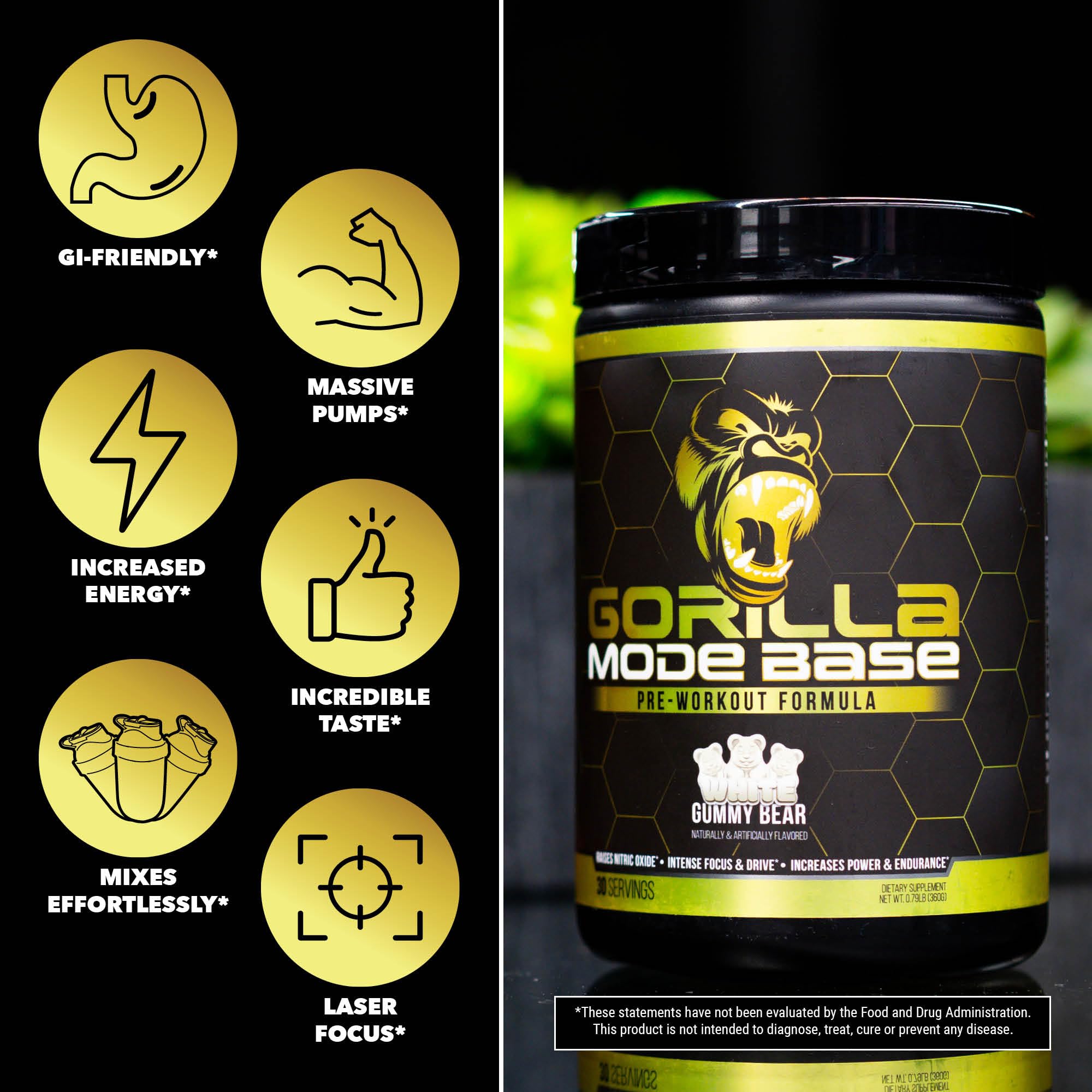 Gorilla Mode Base Pre Workout - Raises Nitric Oxide · Intense Focus & Drive · Endurance Gorilla MindAu supplements