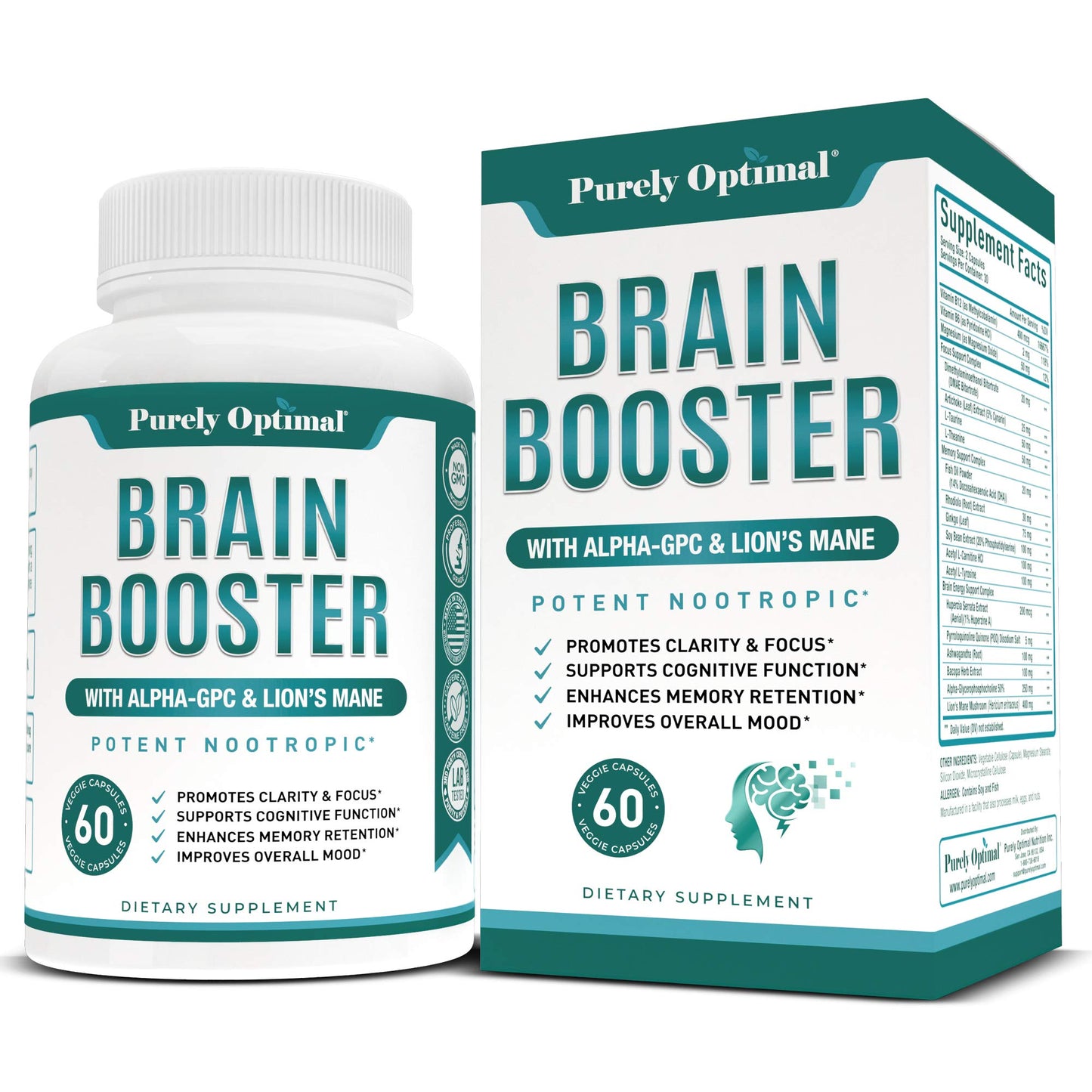 Premium Brain Supplement - Nootropic Brain Booster for Focus, Clarity, Improved Memory Purely OptimalUS supplements