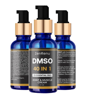Zenrenu DMSO Cream 99.995% Pure Pharmaceutical Grade - 40-in-1 Advanced Formula -12 Essential Oils, Arnica, Aloe Vera, MSM - Fast-Absorbing Cream – 2 oz Glass Pump Bottle – Made in USA ZenrenuAu supplements