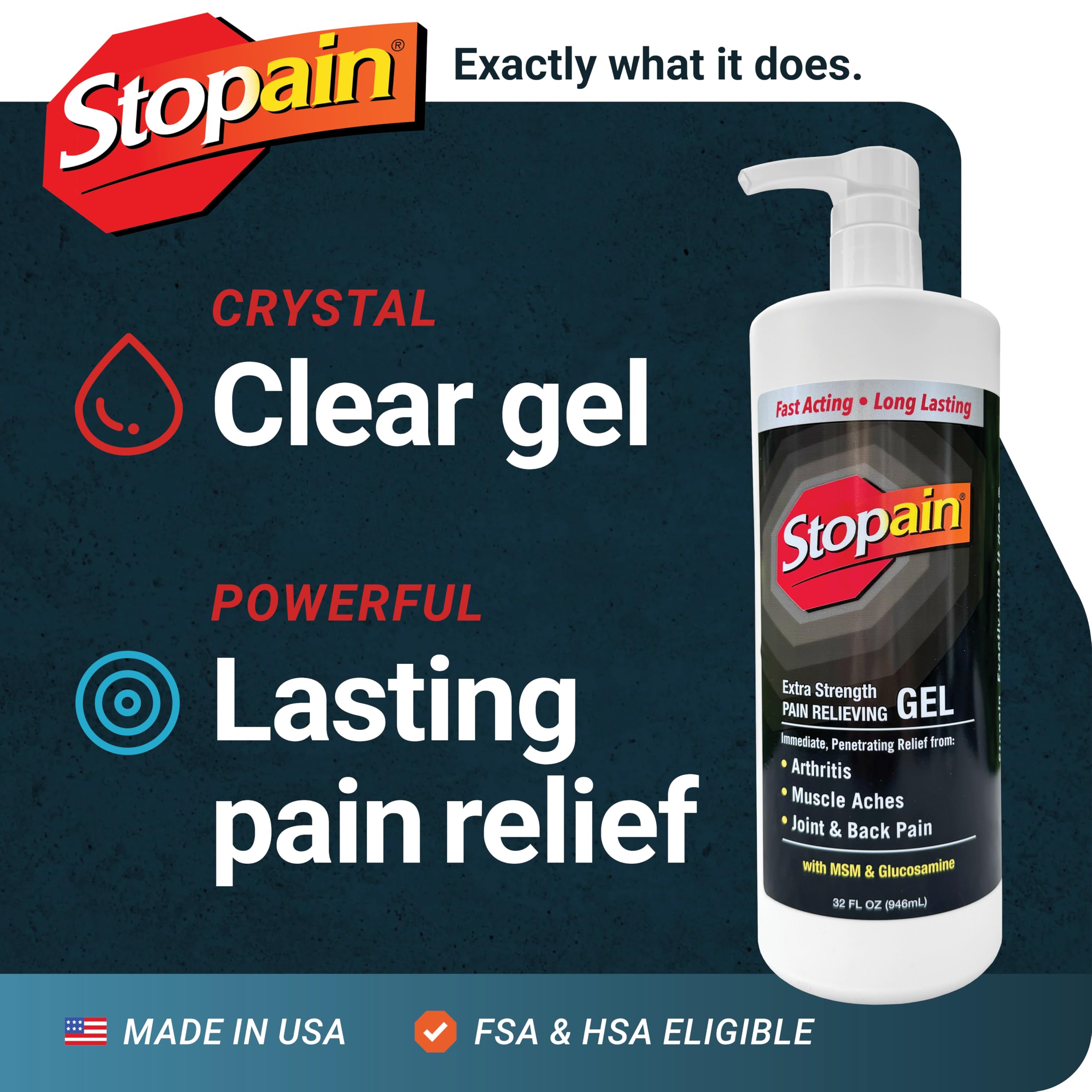 Stopain Pain Relief Gel 32oz, USA Made, Max Strength Fast Acting with Menthol, MSM, Glucosamine for Joint Pain, Back Pain, Arthritis, Knee, Neck Pain, HSA FSA Approved OTC Topical Analgesic Product StopainAu supplements
