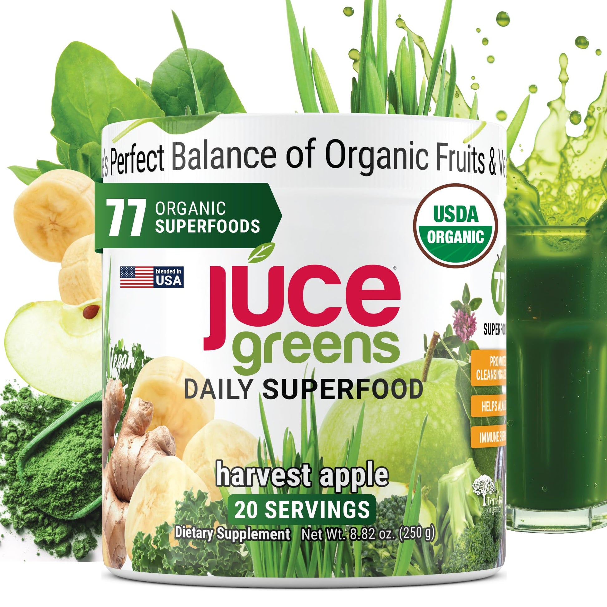Terra Kai Organics JUCE Green Superfood Powder, Organic Fruits and Veggies Supplement W/ 77 Superfoods Plus Prebiotic Probiotic Blend, Harvest Apple Flavor - 20 Servings (250 g) Terra Kai OrganicsAu supplements