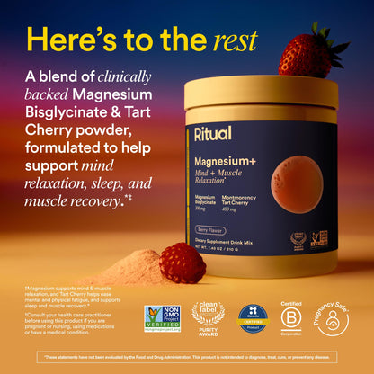 Ritual Magnesium+ Drink Mix Supplement | 2-in-1 Science-Backed Tart Cherry & Gentle on Stomach Magnesium Bisglycinate | Formulated for Mind & Muscle Relaxation | Supports Sleep & Calm | 30 Servings RitualUS supplements