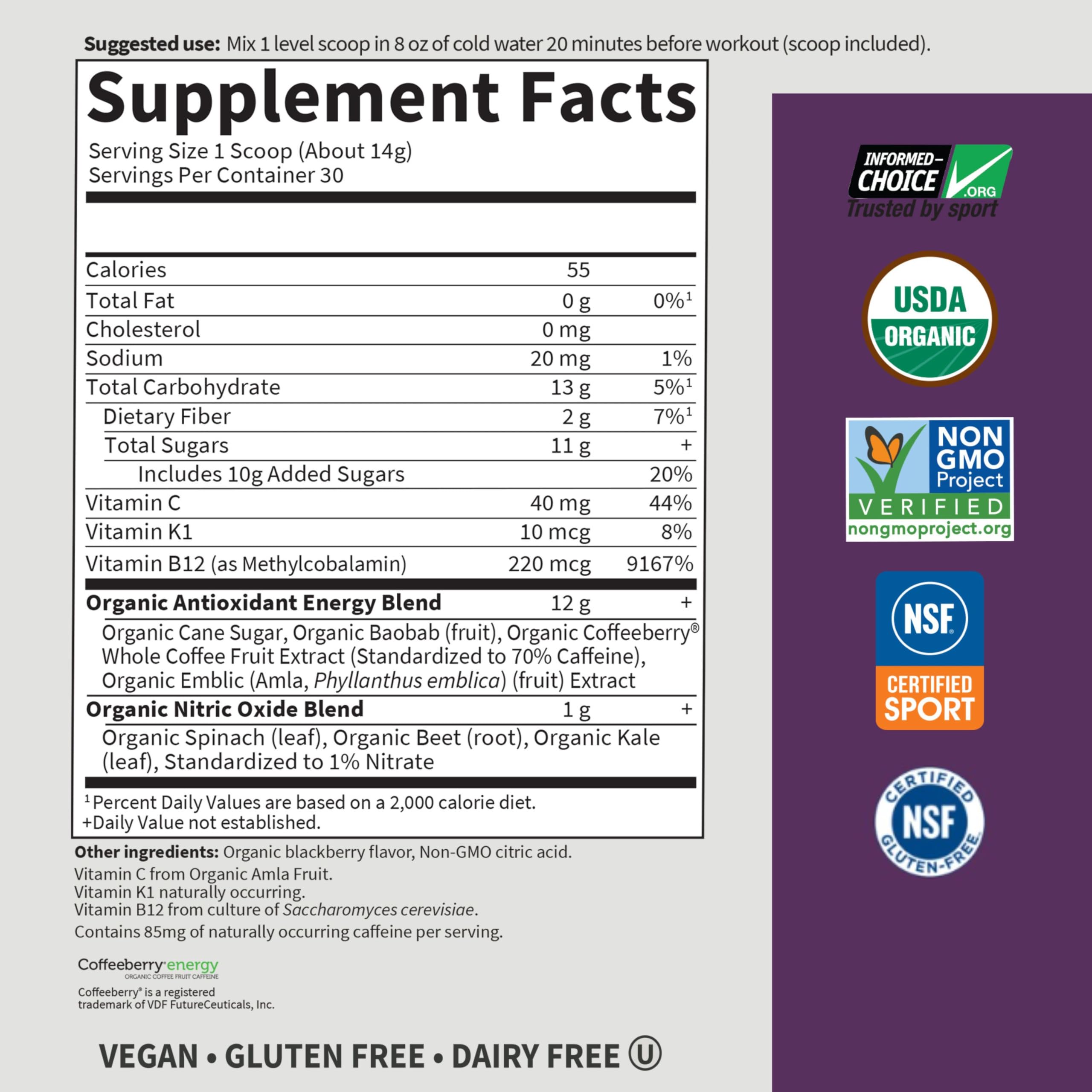 Garden of Life Sport Organic Plant Based Energy + Focus Clean Pre Workout Powder, with 85mg Caffeine, Natural No Booster, B12, Vegan, Gluten Free, Non-GMO, BlackBerry, 15.3 Oz Garden of LifeAu supplements
