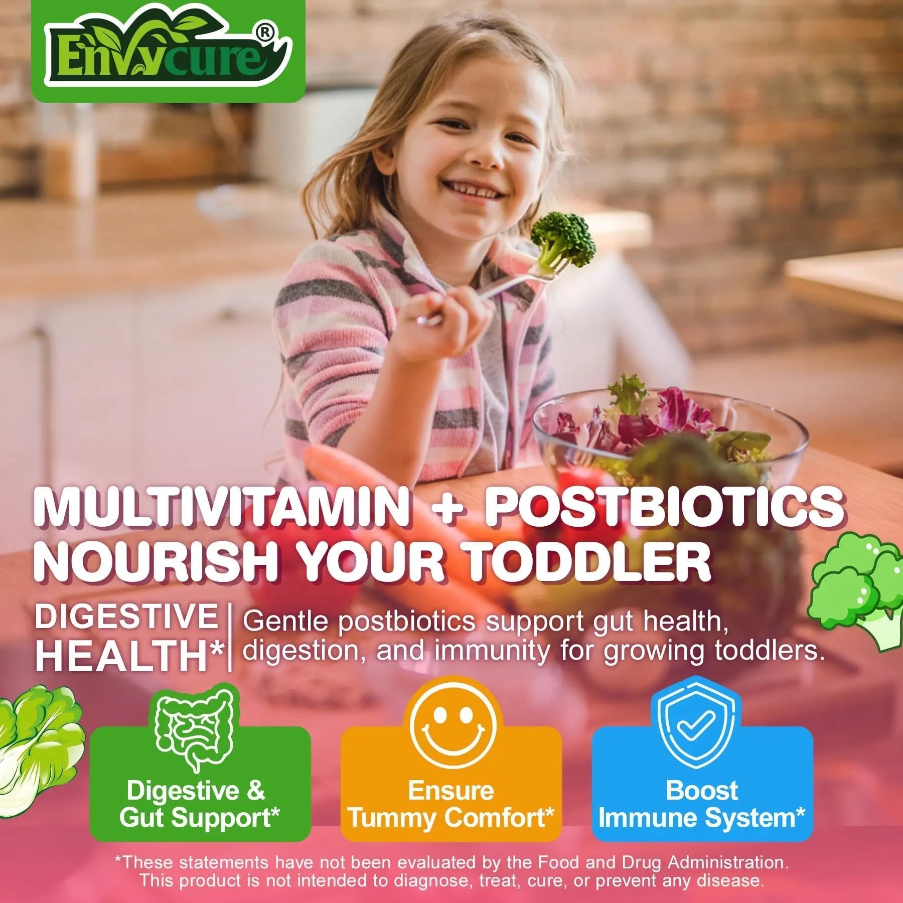 Organic Toddler Multivitamin Gummies + Omega-3 (DHA/EPA), Postbiotics | kids 2+ multivitamin | Vitamins A C D3 Methyl B12 Folate Zinc EnvyCureAu supplements