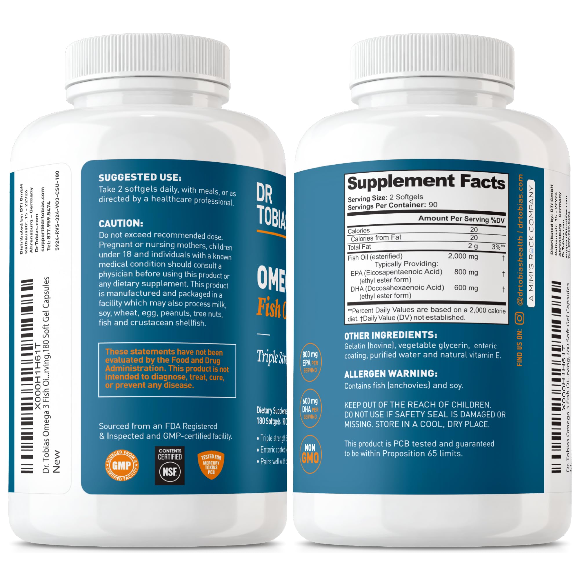 Dr. Tobias Omega 3 Fish Oil 2000mg Triple Strength with 800mg EPA 600mg DHA Per Serving | Fish Oil Omega 3 Supplements for Heart Brain & Immune Support - 180 Softgels (90 Servings) Dr. TobiasAu supplements