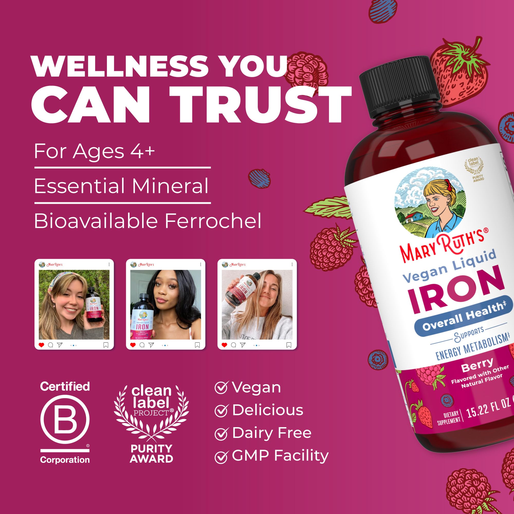 Iron Supplement for Women Men & Kids | Liquid Iron Supplement for Women Men & Kids | Iron for Healthy Blood & Oxygen | Ages 4 & Up | Sugar Free | Vegan | Non-GMO | Gluten Free | 15.22 Fl Oz MARYRUTH'SUS supplements