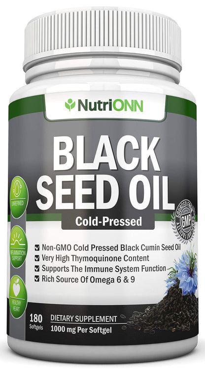 Black Seed Oil - 1000 Mg - 180 Softgels - Cold-Pressed Non-GMO Black Cumin Seed NutriONNUS supplements