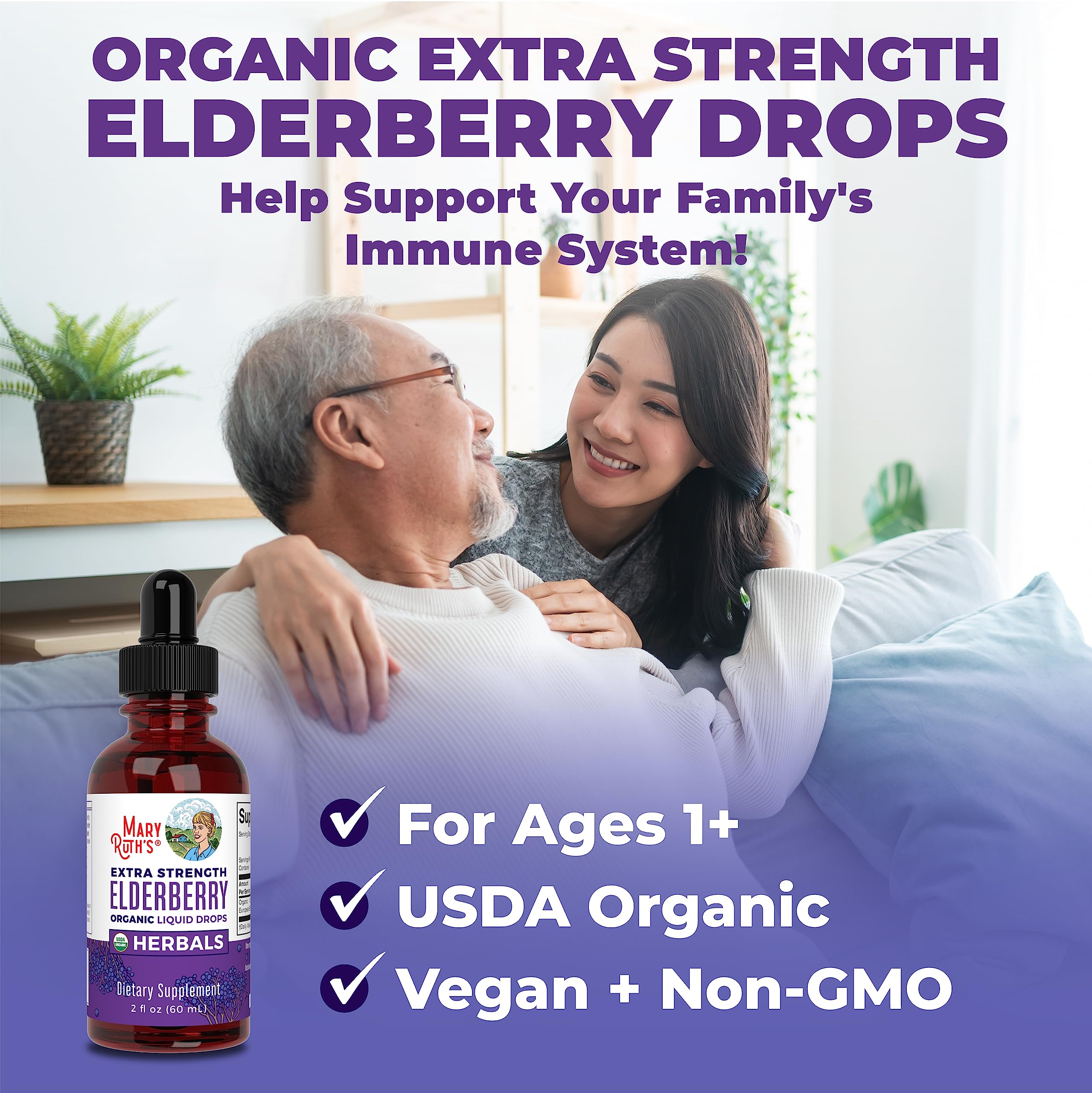 MaryRuth Organics Elderberry Syrup Extra Strength, USDA Organic Elderberry, Sugar Free Adults & Kids Immune Support Supplement for Ages 1+, Clean Label Project Verified®, Vegan, Gluten Free, 2 Fl Oz MARYRUTH'SUS supplements