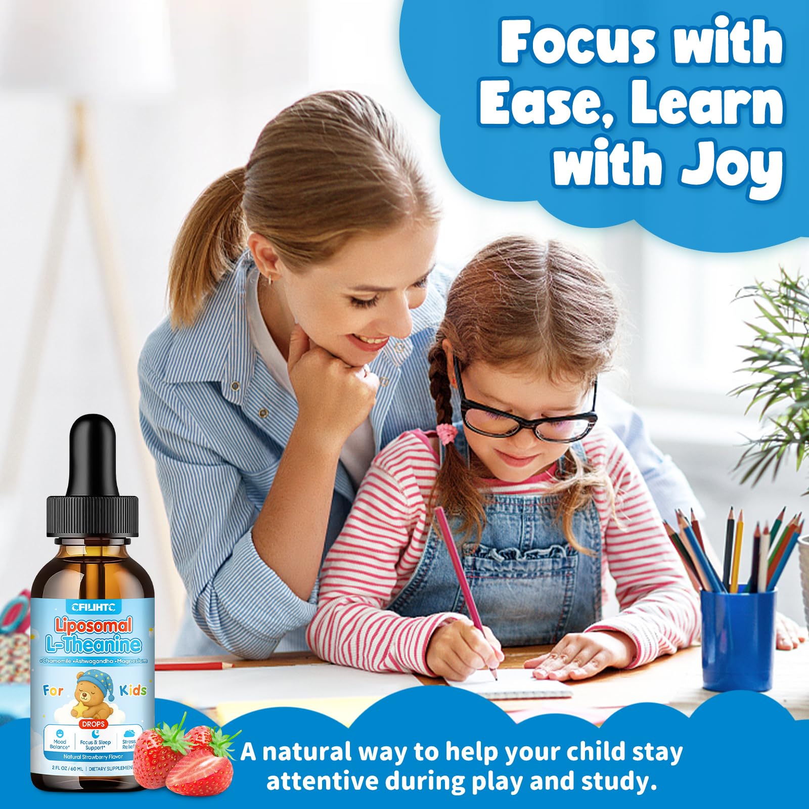 Liposomal L-Theanine Drops for Kids & Adults – Liquid L-Theanine Supplement with Magnesium Glycinate, Ashwagandha, Chamomile, Vitamin B6 & D3 – Supports Calm, Focus & Restful Sleep – Strawberry Flavor CFILIHTCAu supplements