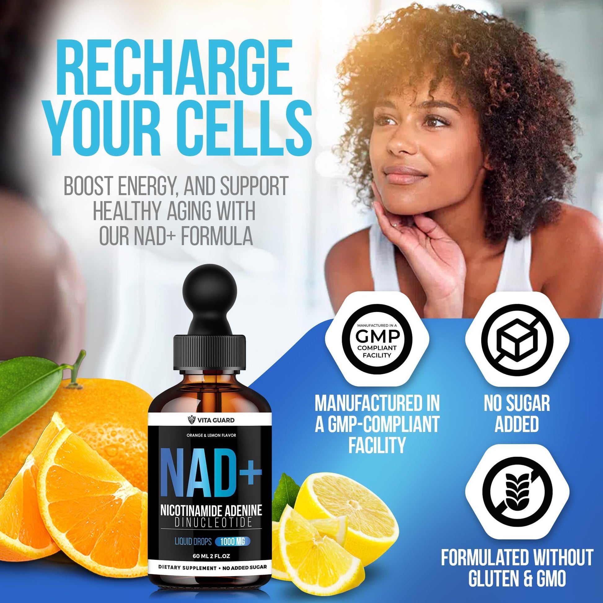 Vita Guard Pure NAD+ Supplements 1000mg Liquid Drops for Women & Man | Nicotinamide Adenine Similar to Nicotinamide Riboside NAD Plus Boosting Supplement - Natural Lemon & Orange Flavor Vita GuardAu supplements