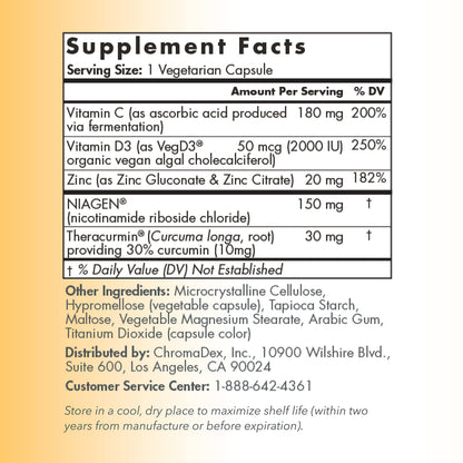 TRU NIAGEN Immune Support Supplement - Daily Defense, Vitamin C from Fermentation, Vegan Vitamin D3 2000 IU, Zinc, Plus Theracurmin (Curcumin) + Multi Award-Winning NAD Boosting Niagen 150mg 60ct TRU NIAGENUS supplements