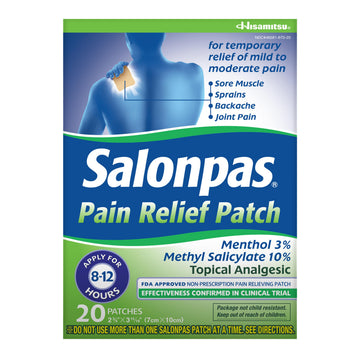 Salonpas Pain Relief Patch, 20 Count (Pack of 1), Up to 12 Hours Temporary Relief of Mild to Moderate Pain, Backache, Sore Muscle, Sprains, Bruises SalonpasAu supplements