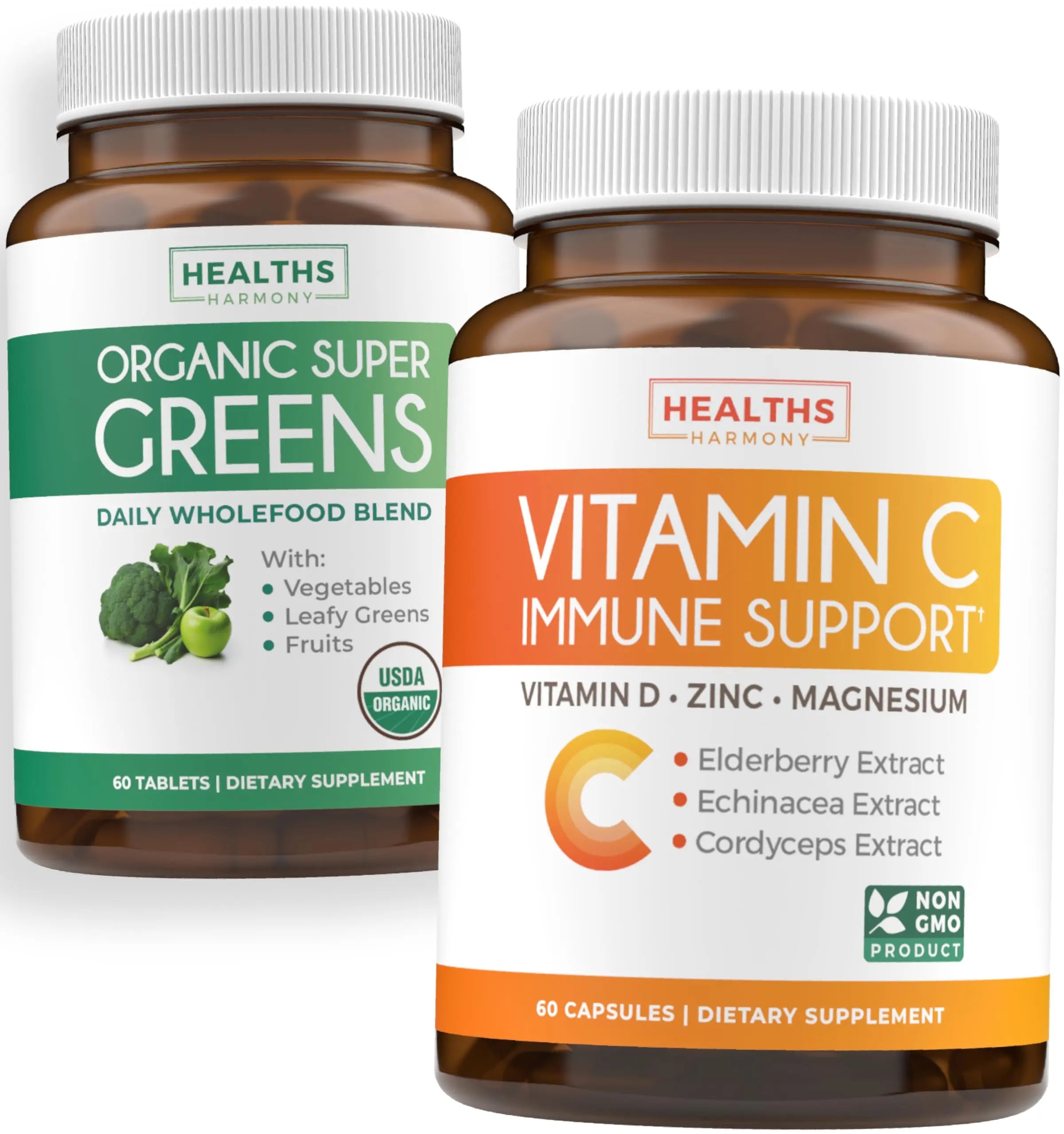 Super Greens & Vitamin C (1-Month Supply) Greens & C Synergy Bundle of Organic Super Greens Powder - Complete Superfood (60 Capsules) & & Vitamin C Immune Support (60 Vegetarian Caps)(Non-GMO) Healths HarmonyAu supplements