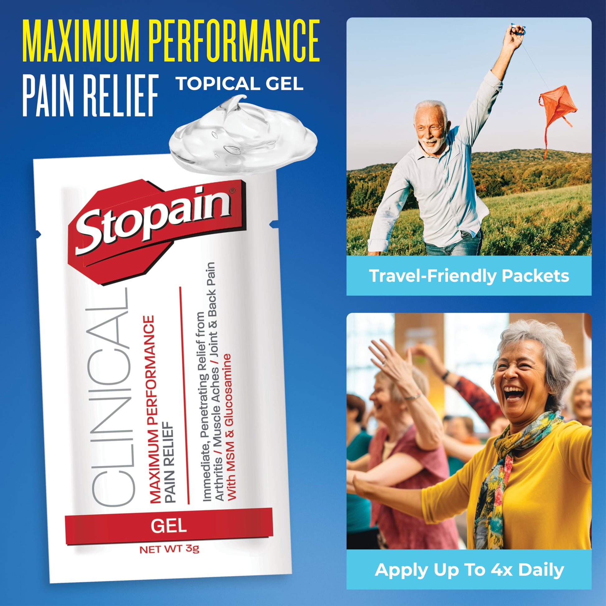 Stopain Pain Relief Clinical Gel Packets, 50 Pack, Made in USA, Maximum Performance Pain Relief with 10% Menthol Plus Glucosamine for Muscle Aches, Joint Pain, and Arthritis StopainAu supplements