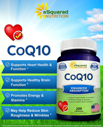 aSquared Nutrition CoQ10 (400mg Max Strength, 200 Capsules) - High Absorption Vegan Coenzyme Q10 Powder - Ubiquinone Supplement Pills, Extra Antioxidant CO Q-10 aSquared NutritionUS supplements