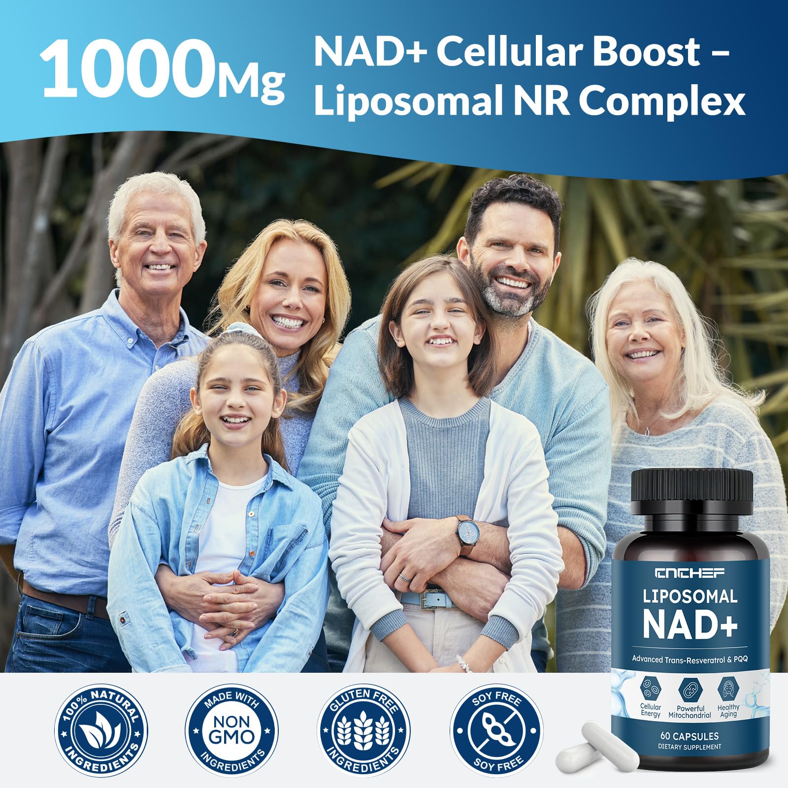 CNCHEF Liposomal NAD Supplement -1000mg, NAD Resveratrol Supplement for Women & Men with Nicotinamide Riboside, Resveratrol, PQQ & TMG, NAD Plus Boosts NAD+ Levels, Anti-Aging & Brain, 60 Capsules CNCHEFAu supplements