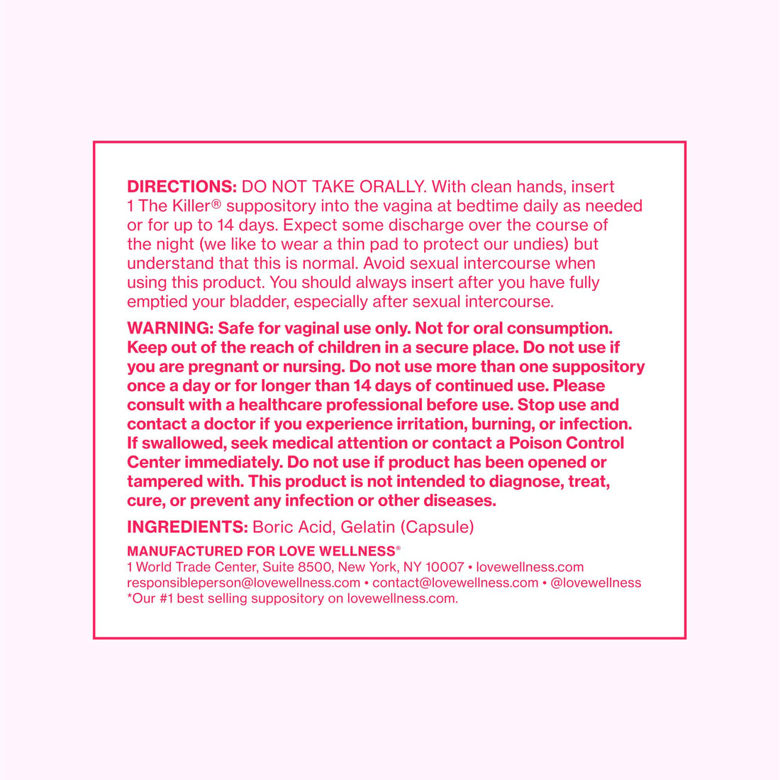 Love Wellness The Killer | 600mg Boric Acid Vaginal Suppositories | Balances pH & Supports Odor Control, a Healthy Vaginal Balance | Fast-Acting & Fragrance-Free | Gentle & Effective | 28 Ct Love WellnessUS supplements