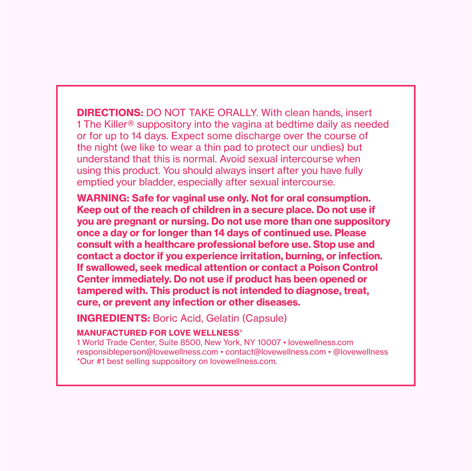 Love Wellness The Killer | 600mg Boric Acid Vaginal Suppositories | Balances pH & Supports Odor Control, a Healthy Vaginal Balance | Fast-Acting & Fragrance-Free | Gentle & Effective | 28 Ct Love WellnessUS supplements
