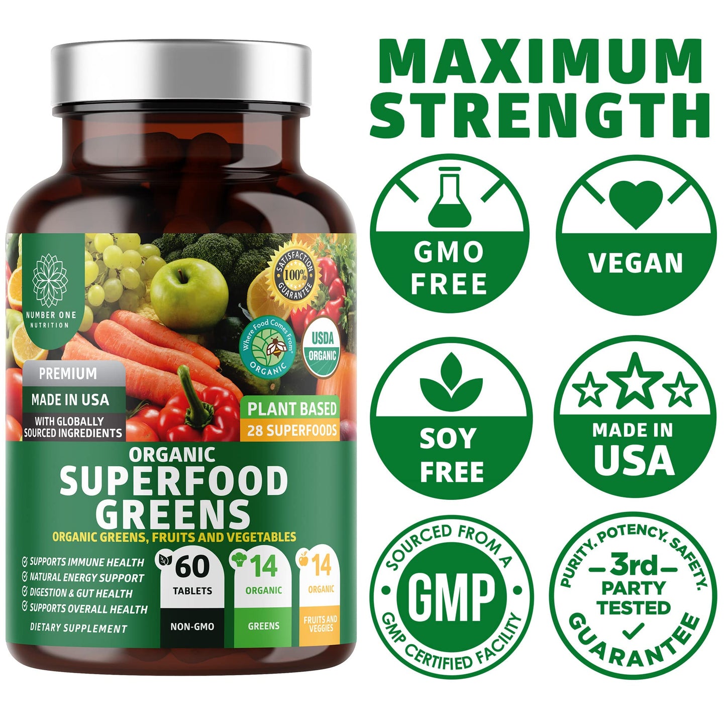 N1N Premium Organic Superfood Greens [28 Powerful Ingredients] Natural Fruit and Veggie Number One NutritionUS supplements