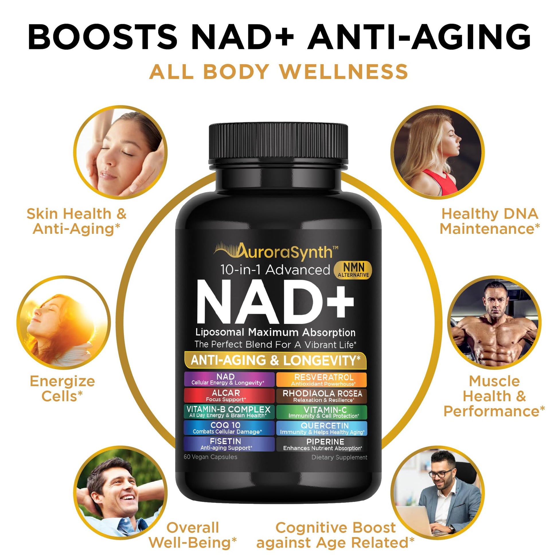 NAD+ Supplement Liposomal Capsules - Max Absorption for Cellular Energy, Healthy Aging, Brain Function & DNA Health - Vegan, Non-GMO, Gluten-Free Supplement - 60 Capsules - Supports NAD Levels AuroraSynthAu supplements