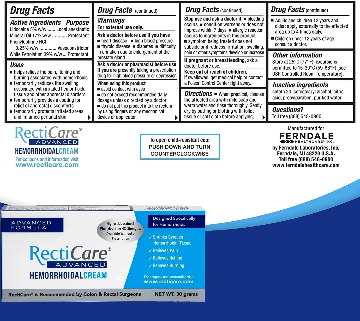 Recticare Advanced Hemorrhoidal Cream: Advanced Treatment to Shrink & Soothe Hemorrhoids - Itch, Pain, Burn Relief - 30g Hemorrhoidal Cream with Lidocaine RecticareAu supplements