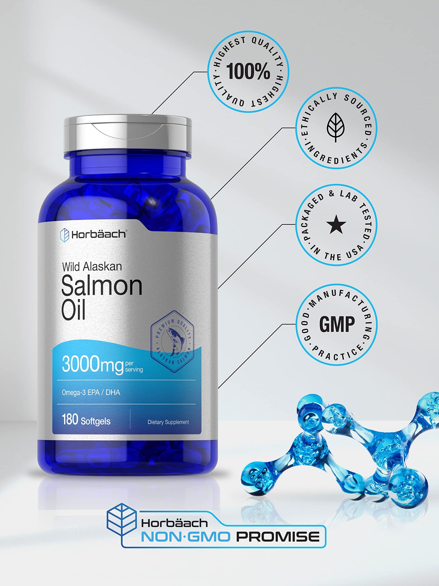 Wild Alaskan Salmon Fish Oil | 180 Softgel Capsules | Gluten Free, Non-GMO | High Potency HorbäachUS supplements