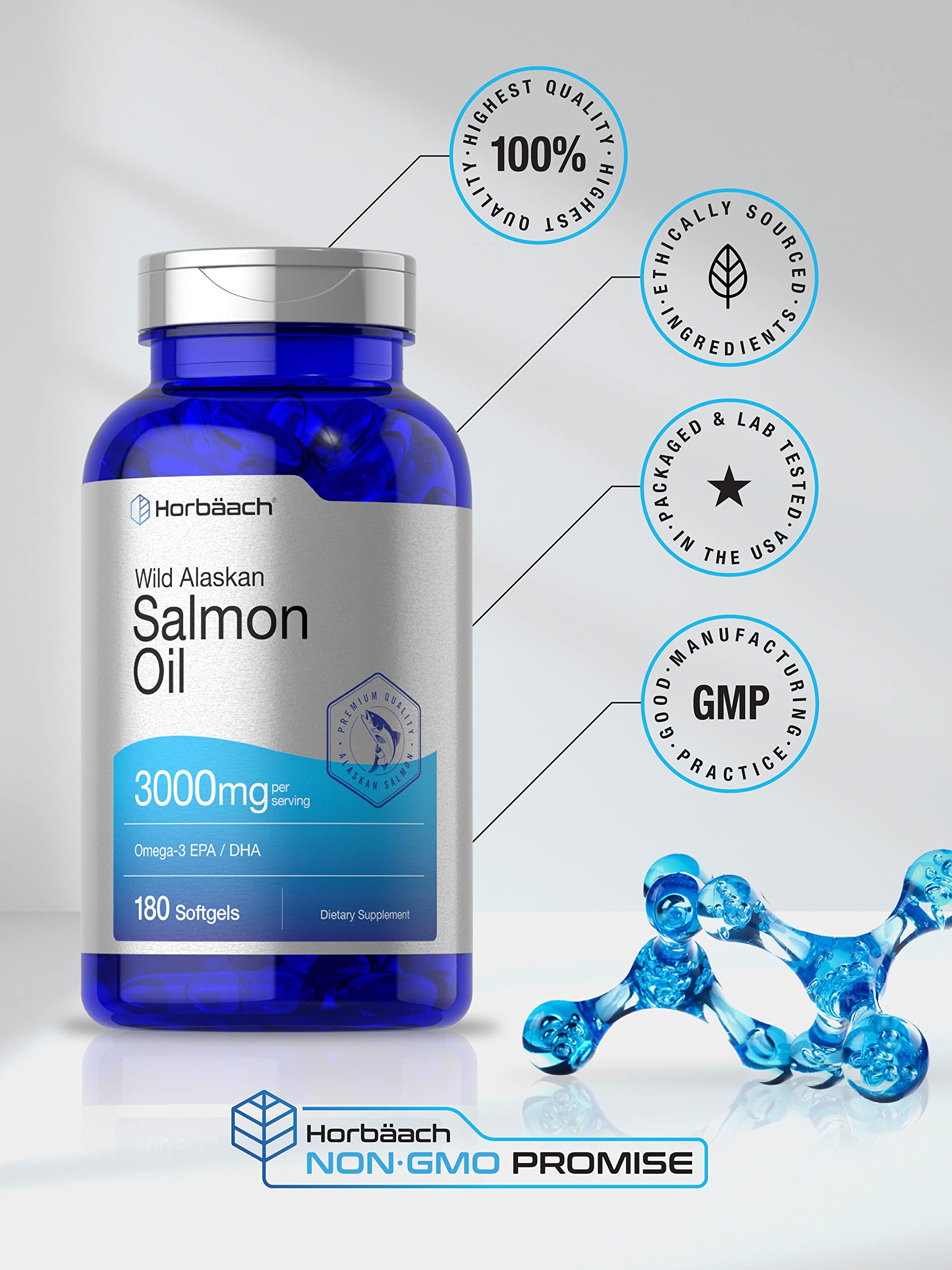 Wild Alaskan Salmon Fish Oil | 180 Softgel Capsules | Gluten Free, Non-GMO | High Potency HorbäachAu supplements