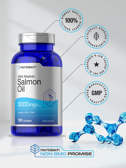 Wild Alaskan Salmon Fish Oil | 180 Softgel Capsules | Gluten Free, Non-GMO | High Potency HorbäachUS supplements