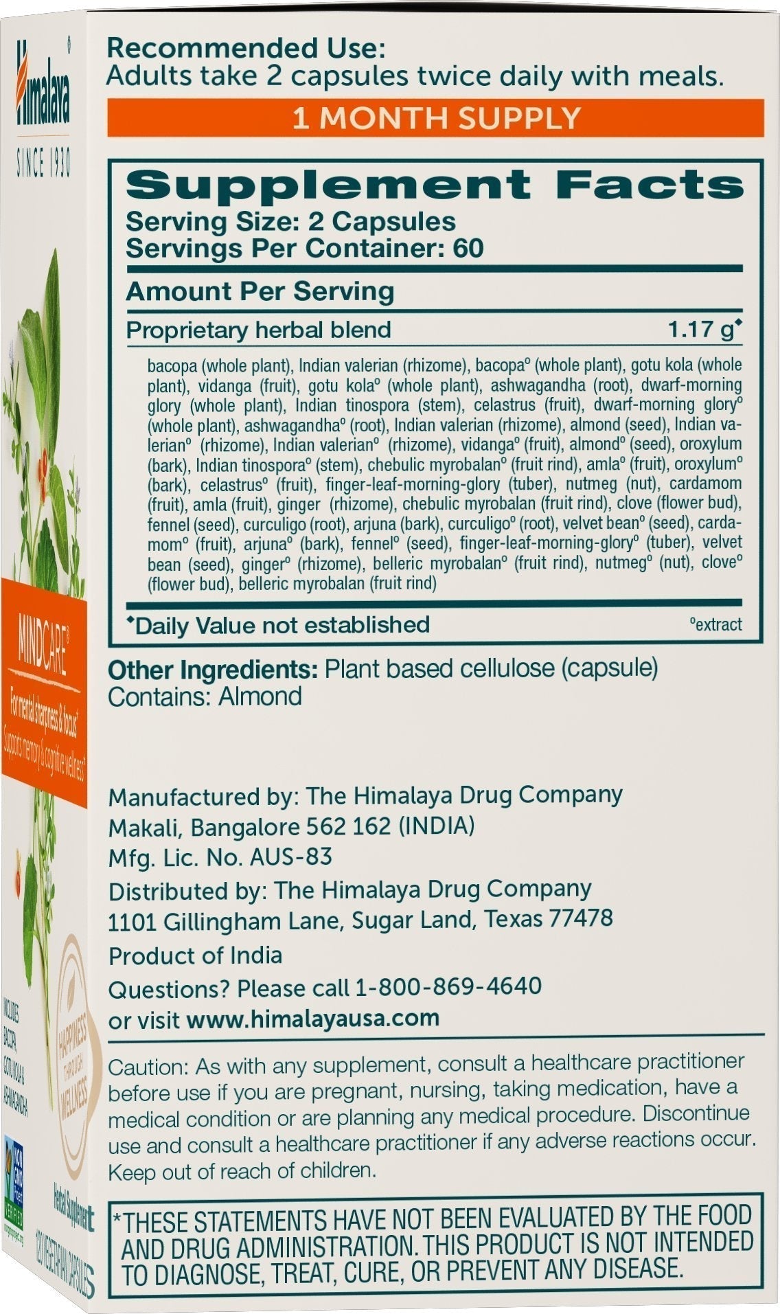 Himalaya MindCare, Nootropic Brain Supplement Booster for Mental Sharpness, Focus, Memory, and Cognitive Wellness, 1170 mg, 120 Capsules, 1 Month Supply HimalayaAu supplements