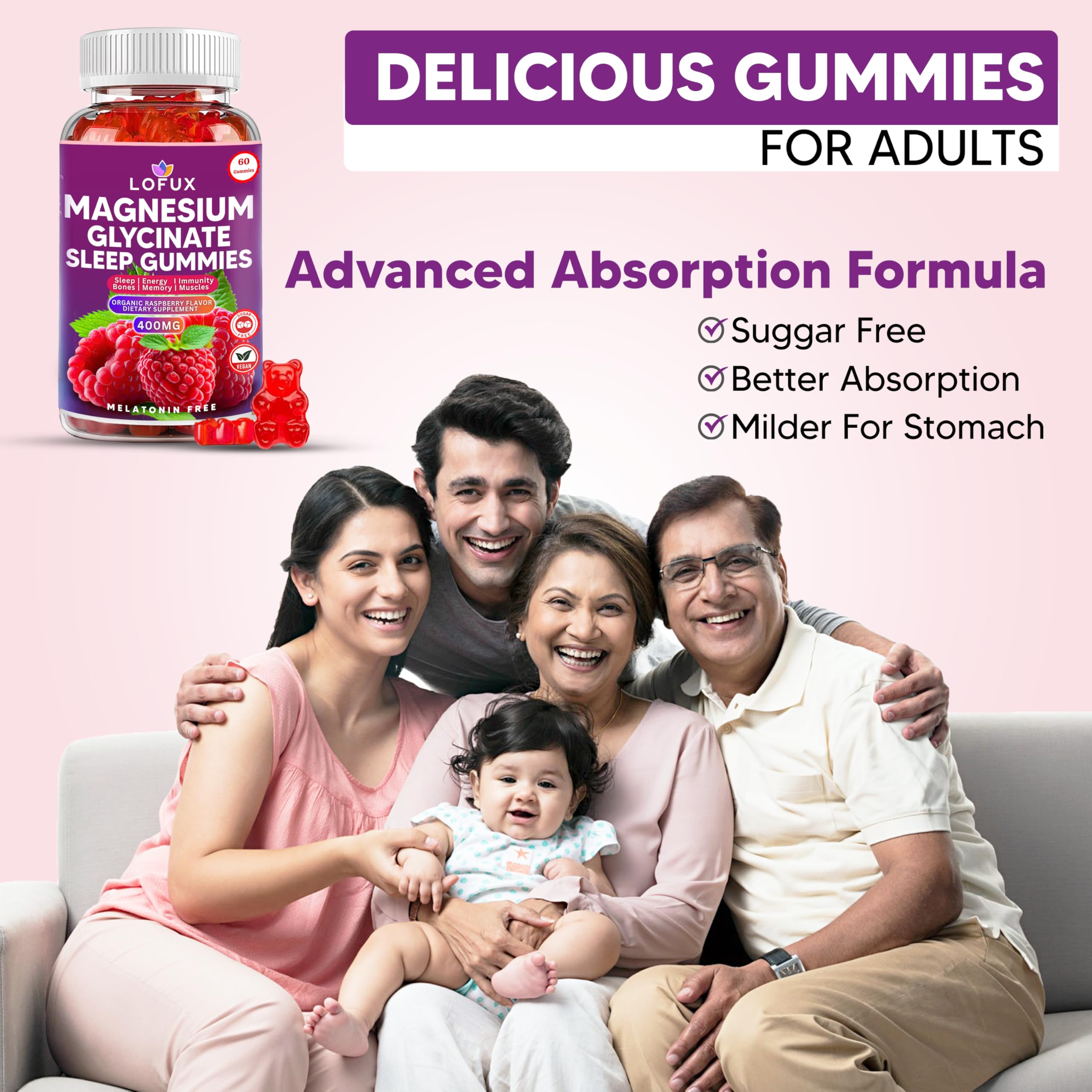 Lofux Magnesium Glycinate Gummies 400mg, Sugar Free Magnesium Gummies for Adults Women, Men, Chewable Supplement Gummy with L-Threonate, Vitamin D, B6, CoQ10 - for Calm, Sleep, Body Relaxation, 120 Ct LofuxAu supplements