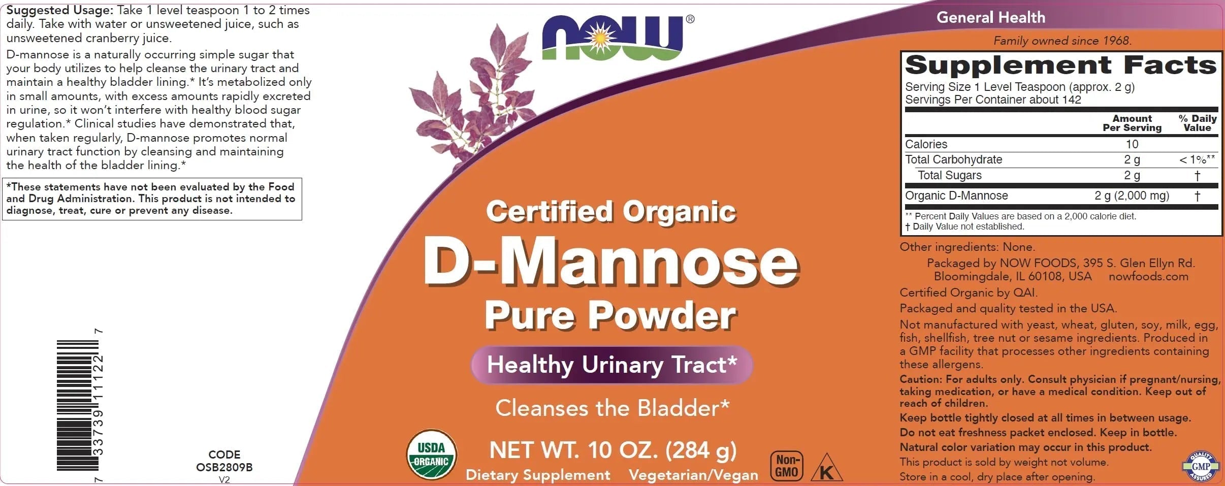 NOW Foods Pure, Organic D-Mannose 10 oz Powder - Bladder Cleanse and Urinary Tract Health Supplement - Non-GMO - Vegan Friendly - 2000mg / 2 Grams per Serving NOW FoodsAu supplements