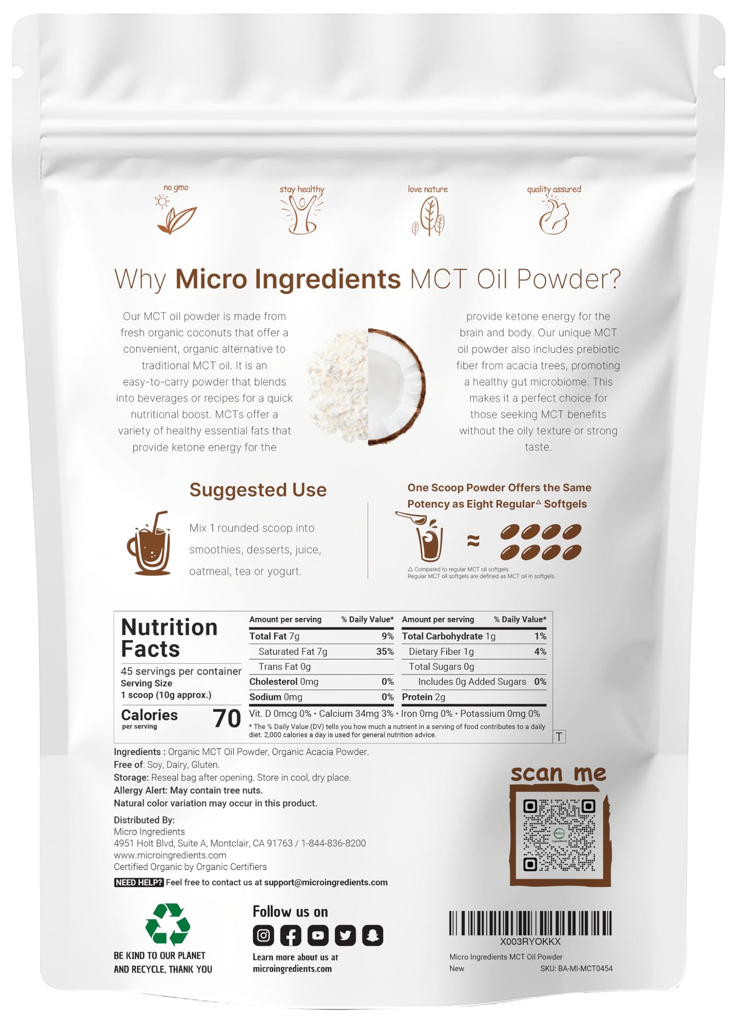 Organic MCT Oil Powder with Prebiotic Fiber,1 Pound(16 Ounce), Fast Fuel for Body and Brain Micro IngredientsUS supplements