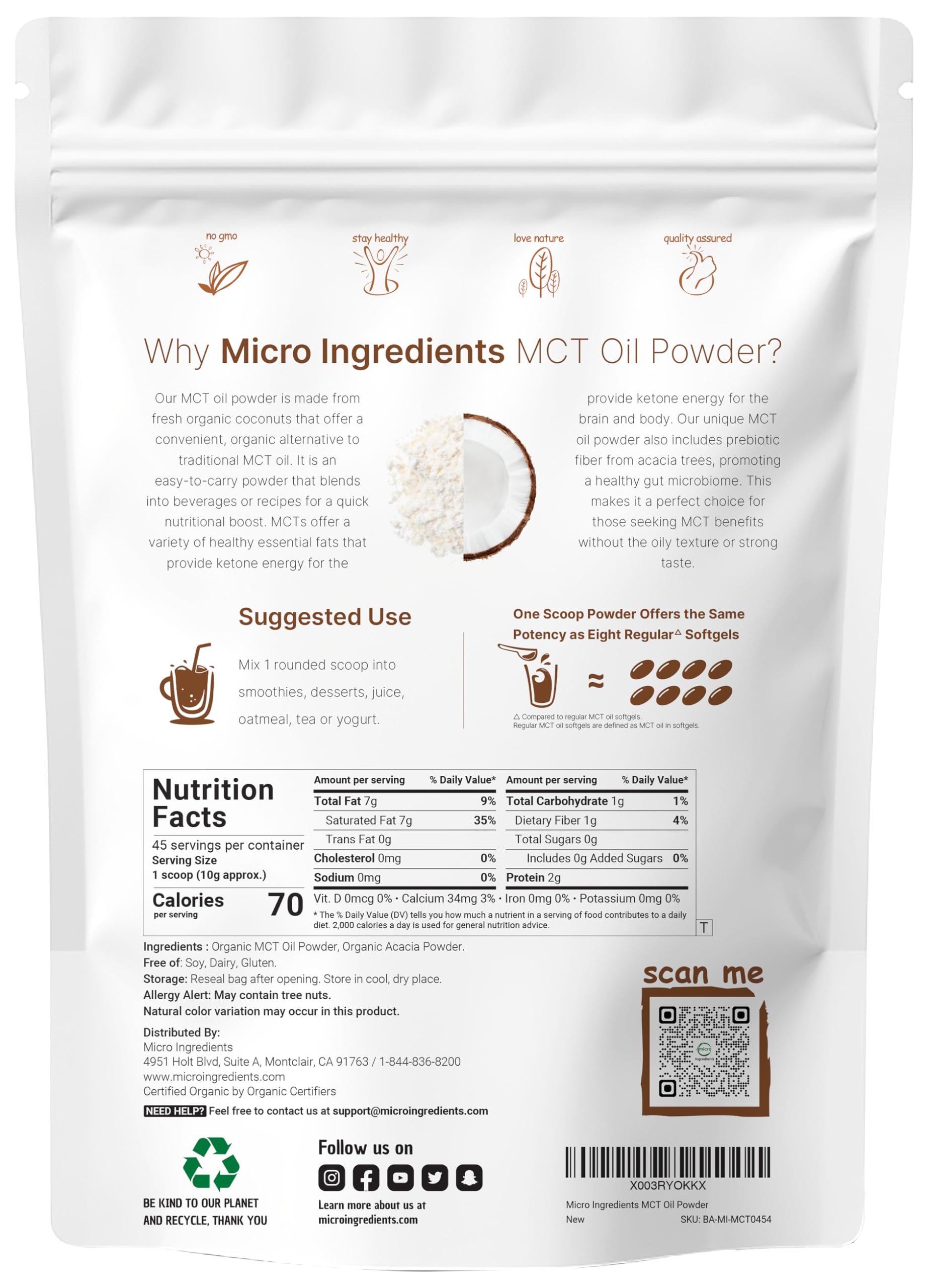 Organic MCT Oil Powder with Prebiotic Fiber,1 Pound(16 Ounce), Fast Fuel for Body and Brain Micro IngredientsAu supplements