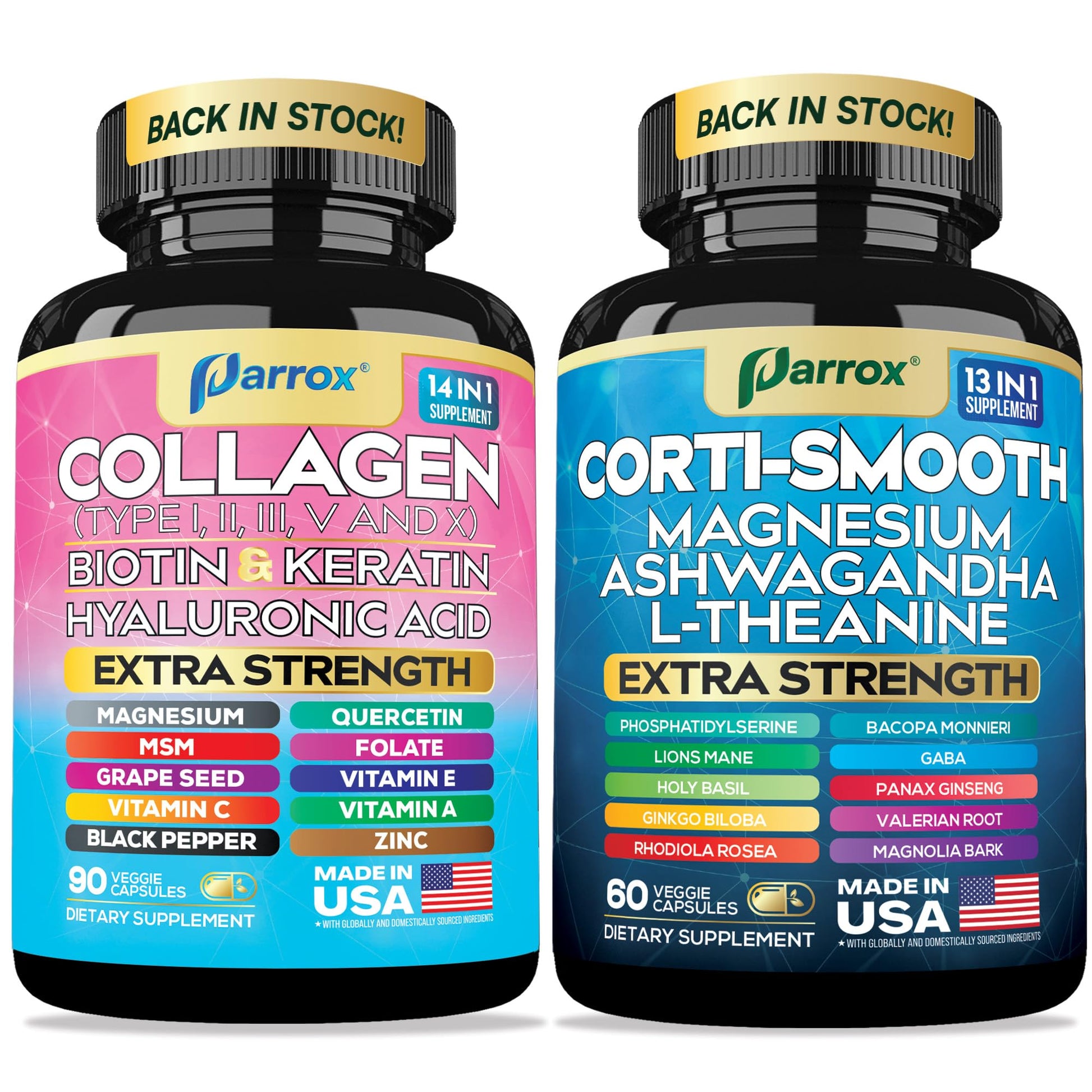 Parrox Shining Serenity Set, Cortisol Support with Ashwagandha, L-Theanine, Magnesium, Lions Mane, GABA, Bacopa Monnieri, Collagen I, II, III, V, X, Folate, Biotin, Keratin, Hyaluronic Acid, Quercetin ParroxAu supplements