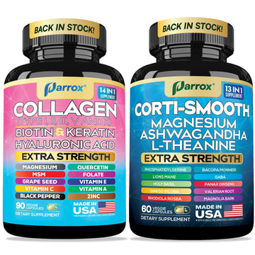 Parrox Shining Serenity Set, Cortisol Support with Ashwagandha, L-Theanine, Magnesium, Lions Mane, GABA, Bacopa Monnieri, Collagen I, II, III, V, X, Folate, Biotin, Keratin, Hyaluronic Acid, Quercetin ParroxAu supplements