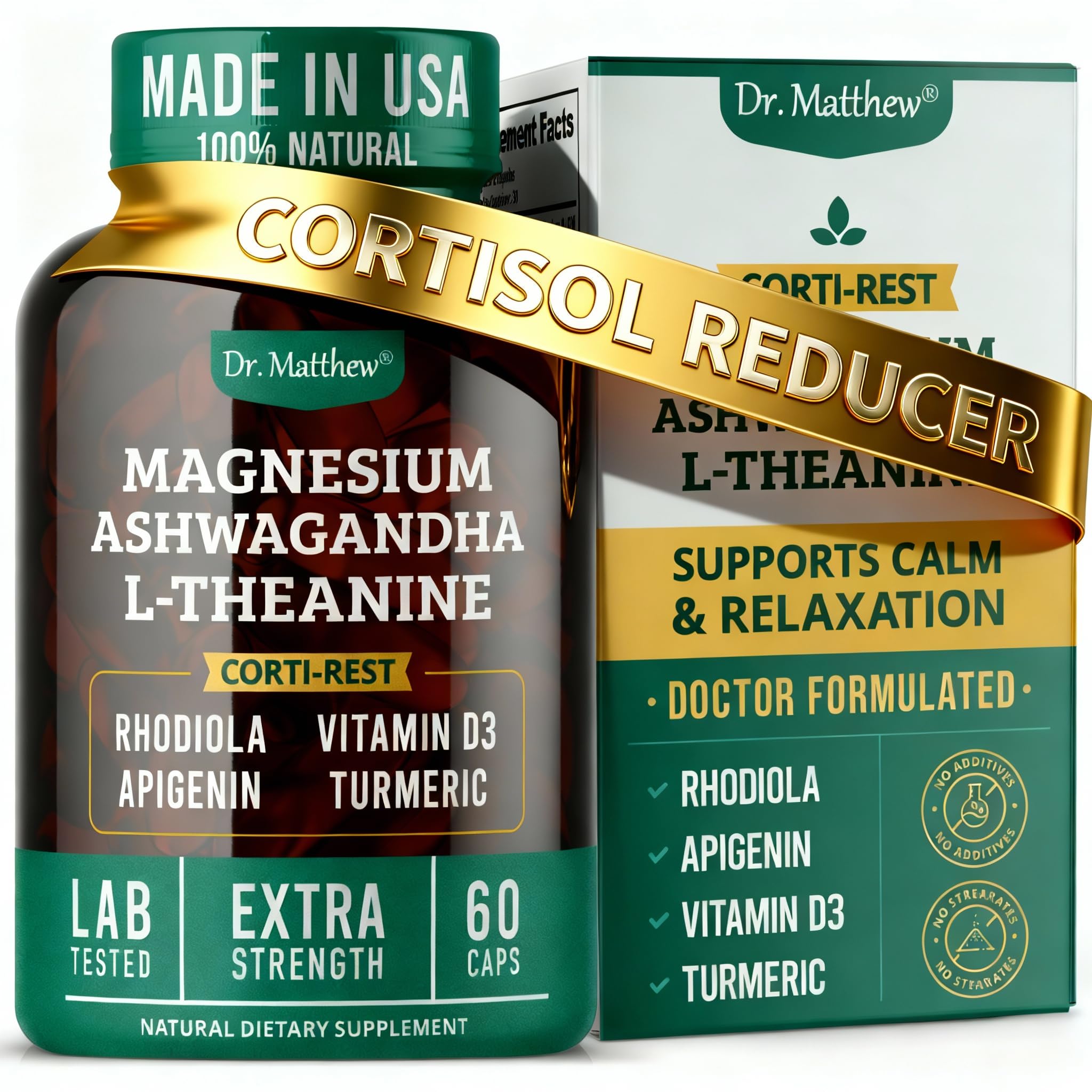 Cortisol Reducer & Adrenal Support Supplement–Natural Stress Relief with Ashwagandha KSM-66, Magnesium Glycinate & Citrate, L-Theanine, Rhodiola, Apigenin, Turmeric & Vitamin D3–Calm Mood & Relaxation Dr. MatthewAu supplements