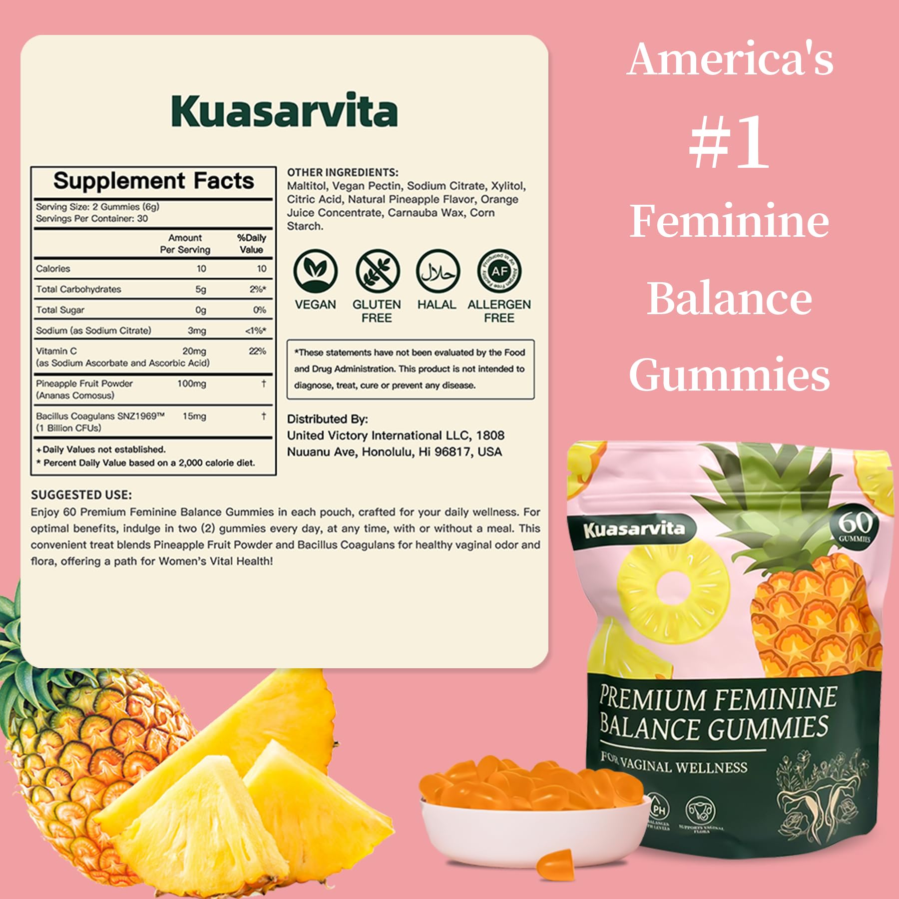Kuasarvita Peeshlita Women’s Vaginal Probiotics Gummies – pH Balance Support + Feminine Wellness & Comfort, Pineapple Flavor, Natural Probiotic Blend – 60 Gummies KuasarvitaAu supplements