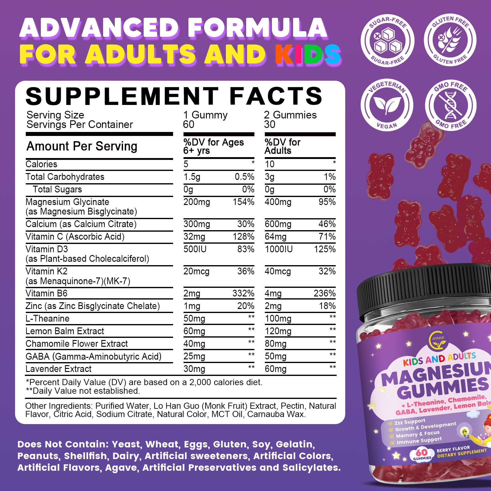 Magnesium Glycinate Gummies 400/200mg for Kids & Adults, NO Melatonin Sleep Aid Magnesium Supplement Gummies with Chamomile, Lavender, L-Theanine & GABA, B6, D3 & K2 for Bone, Relax, Immune Support GORNVBAu supplements