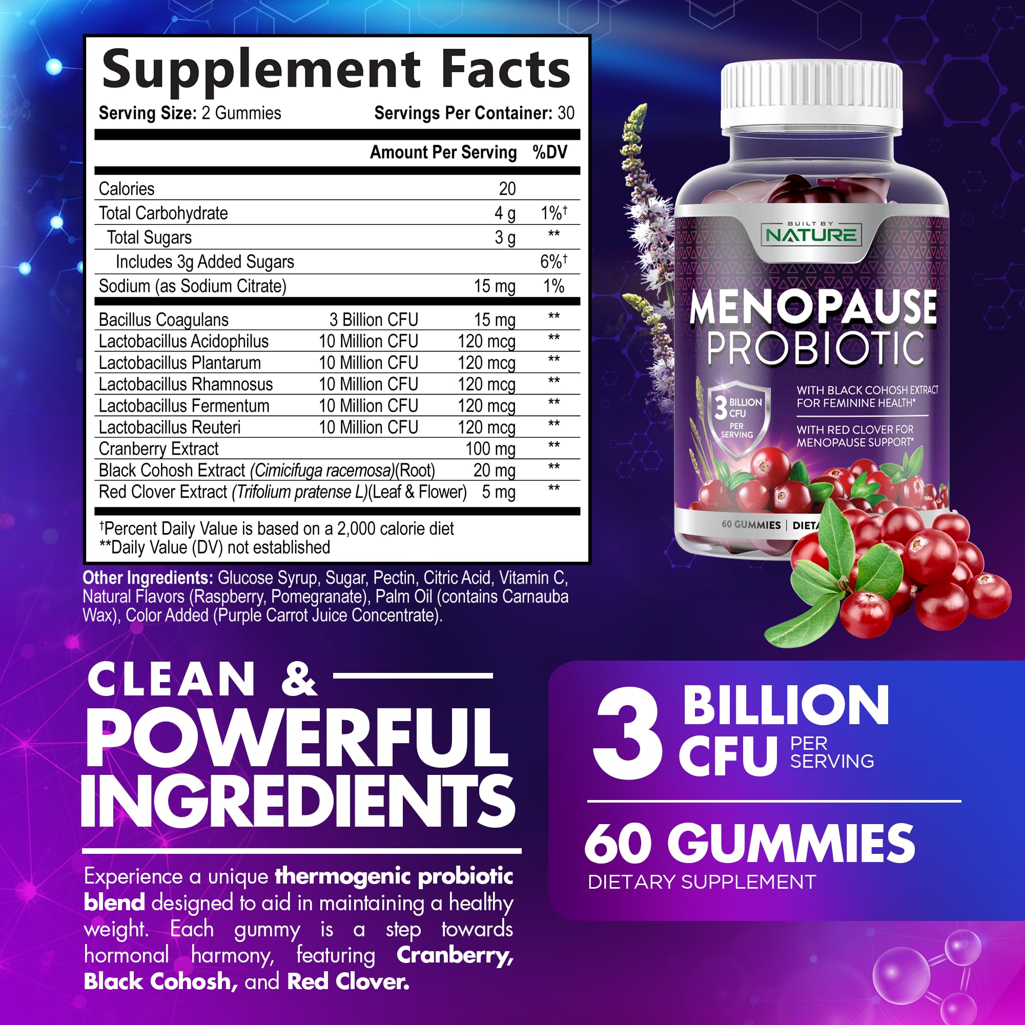 Menopause Supplements for Women - Menopause Probiotic Gummy - Women’s Menopause Relief for Hot Flashes, Night Sweats & Mood Swings with Black Cohosh & Cranberry - Non-GMO, Vegan - 60 Gummies Built by NatureAu supplements